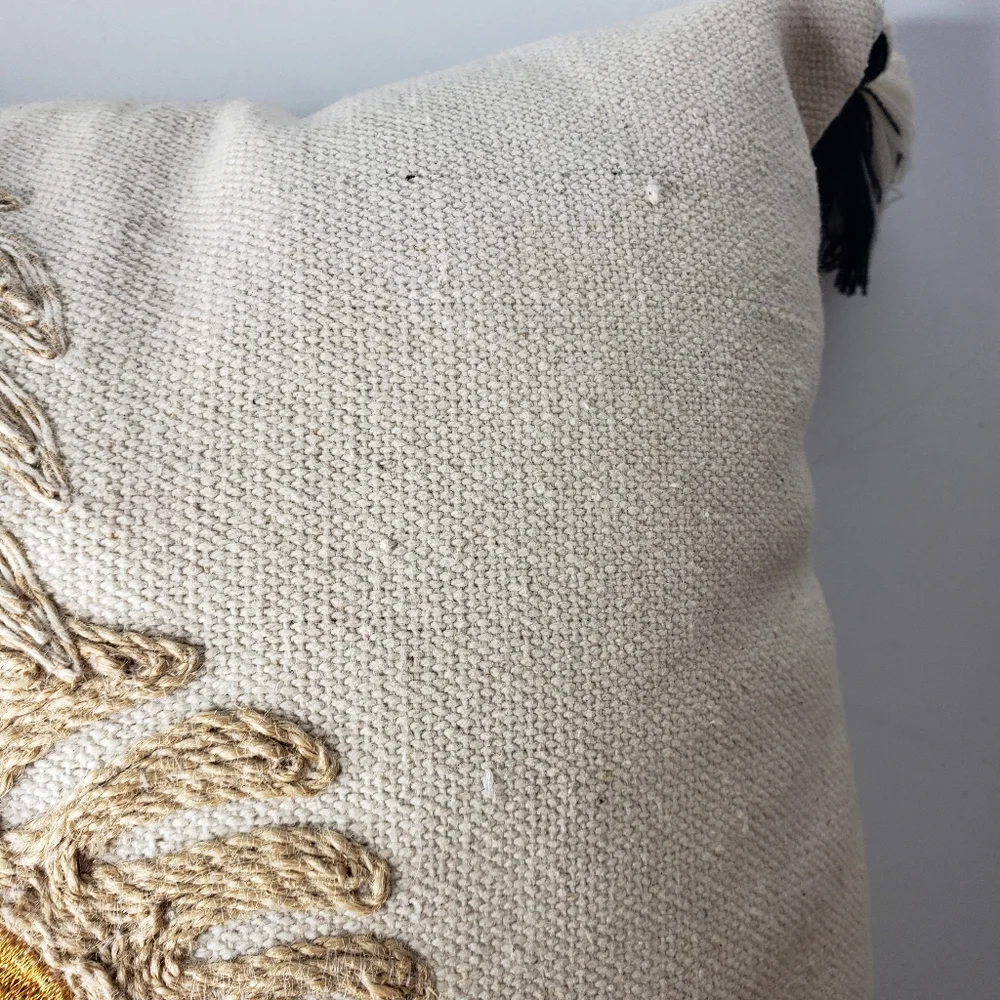 Embroidered Boho Decorative Pillow Botanical Ethnic Primative Textured Tassels